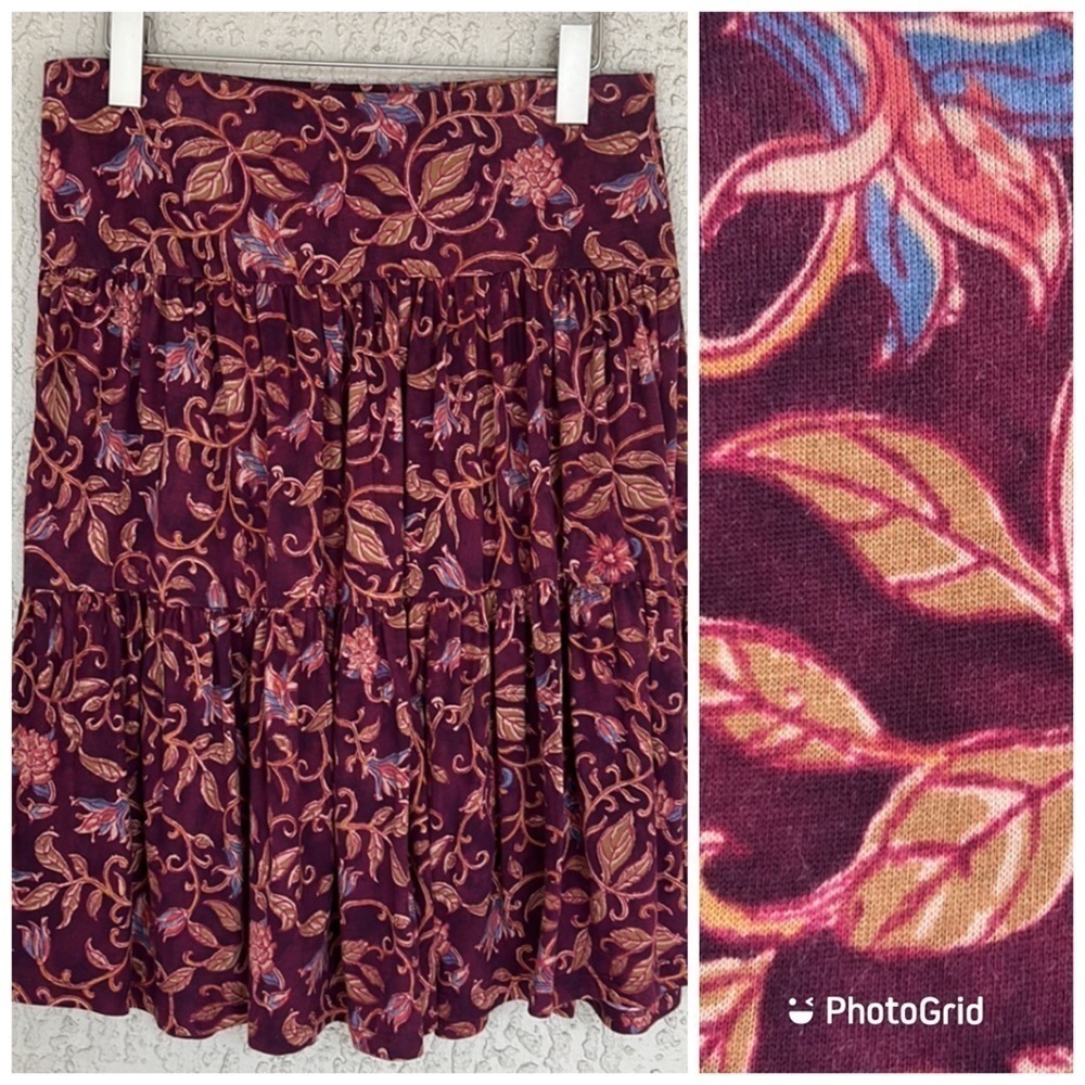 Chaps Burgundy Floral Print Tiered Midi Skirt 100% Cotton NWT Size M